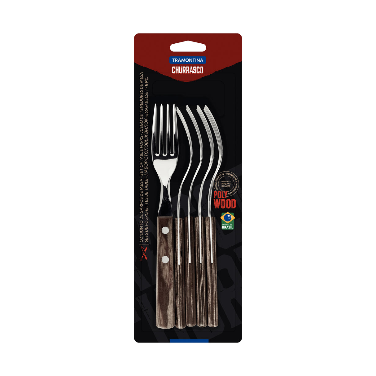 6-Piece Steak Fork Set with Stainless-Steel Blades and Treated Brown Polywood Handles