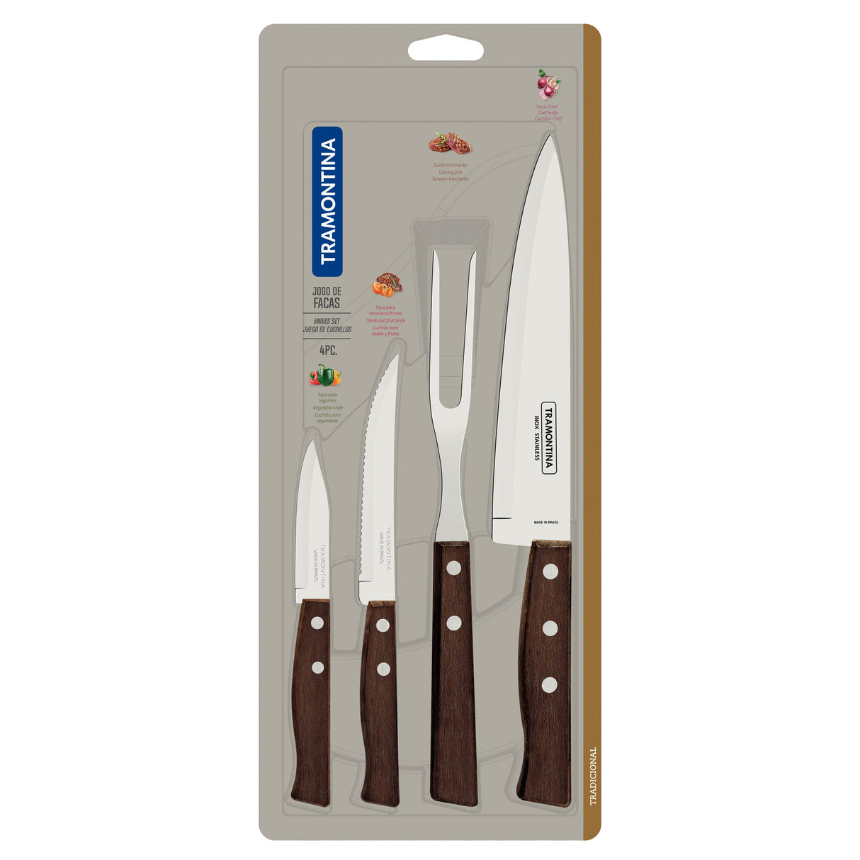 Tradicional 4-Piece Set of Knives with Stainless-Steel Blades and Natural Wood Handles