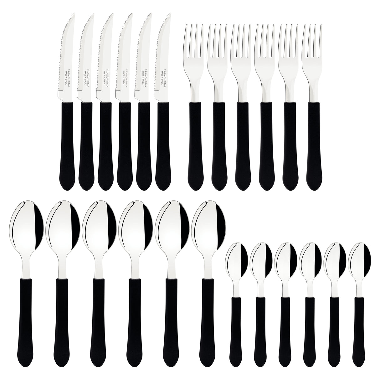Leme 25-Piece Flatware Set with Stainless-Steel Blades, Black Polypropylene Handles and Drawer Organizer