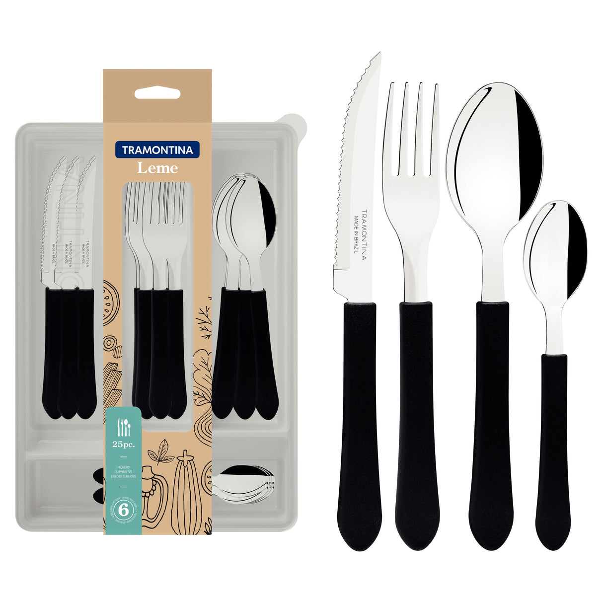 Leme 25-Piece Flatware Set with Stainless-Steel Blades, Black Polypropylene Handles and Drawer Organizer