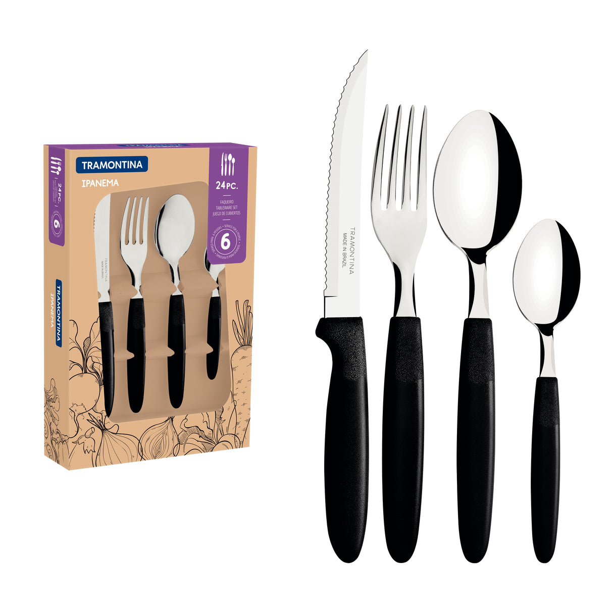 Ipanema stainless steel flatware set with black polypropylene handles, 24 pcs