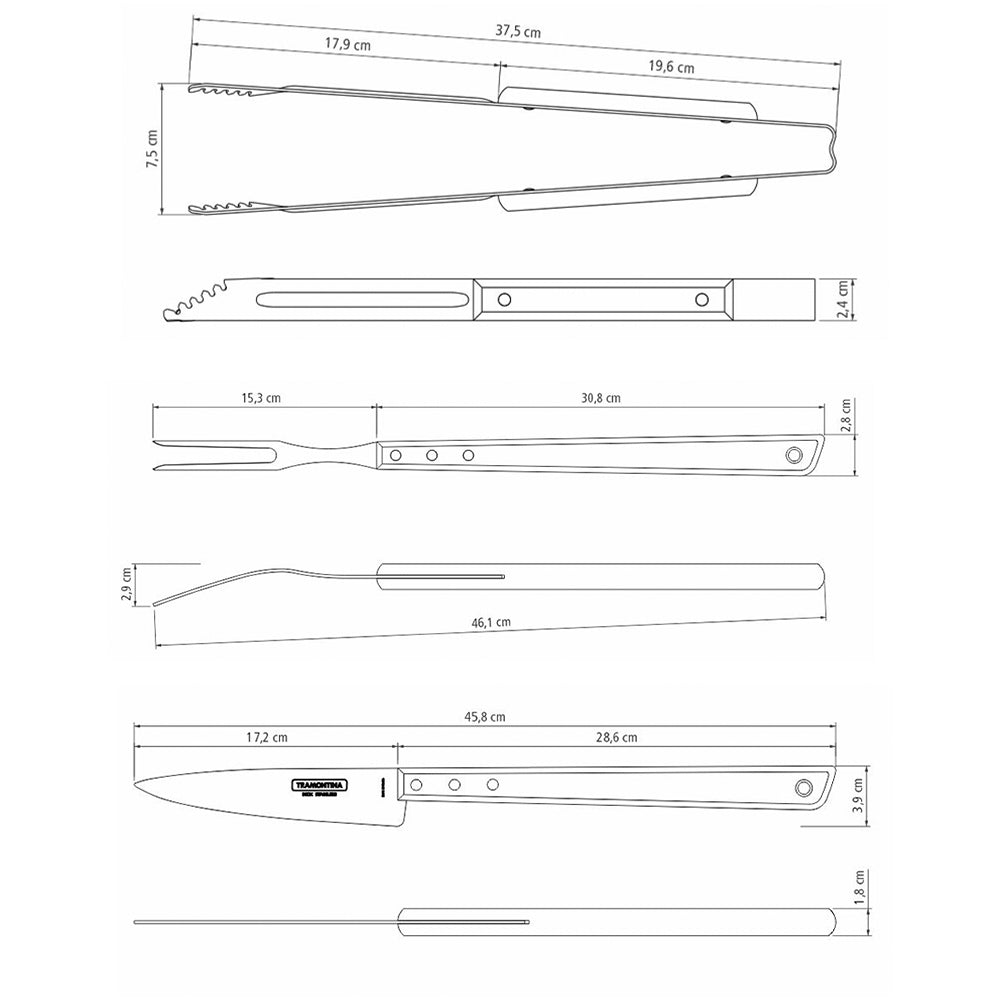 3-Piece Set Made of Stainless-Steel with Wooden Handles and Including Tongs