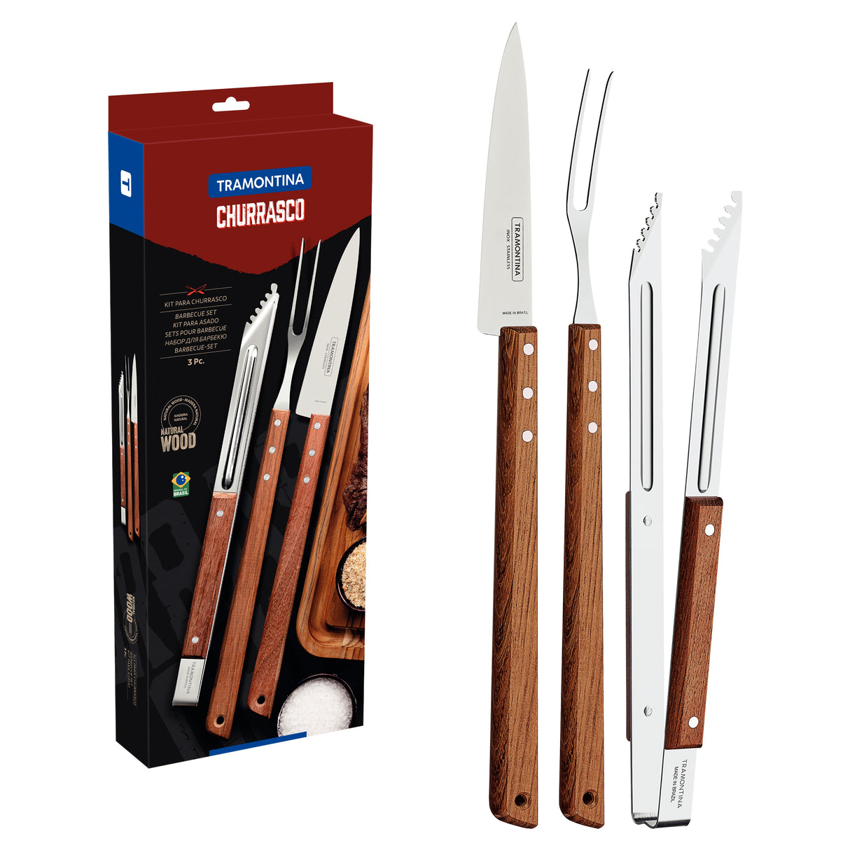 3-Piece Set Made of Stainless-Steel with Wooden Handles and Including Tongs