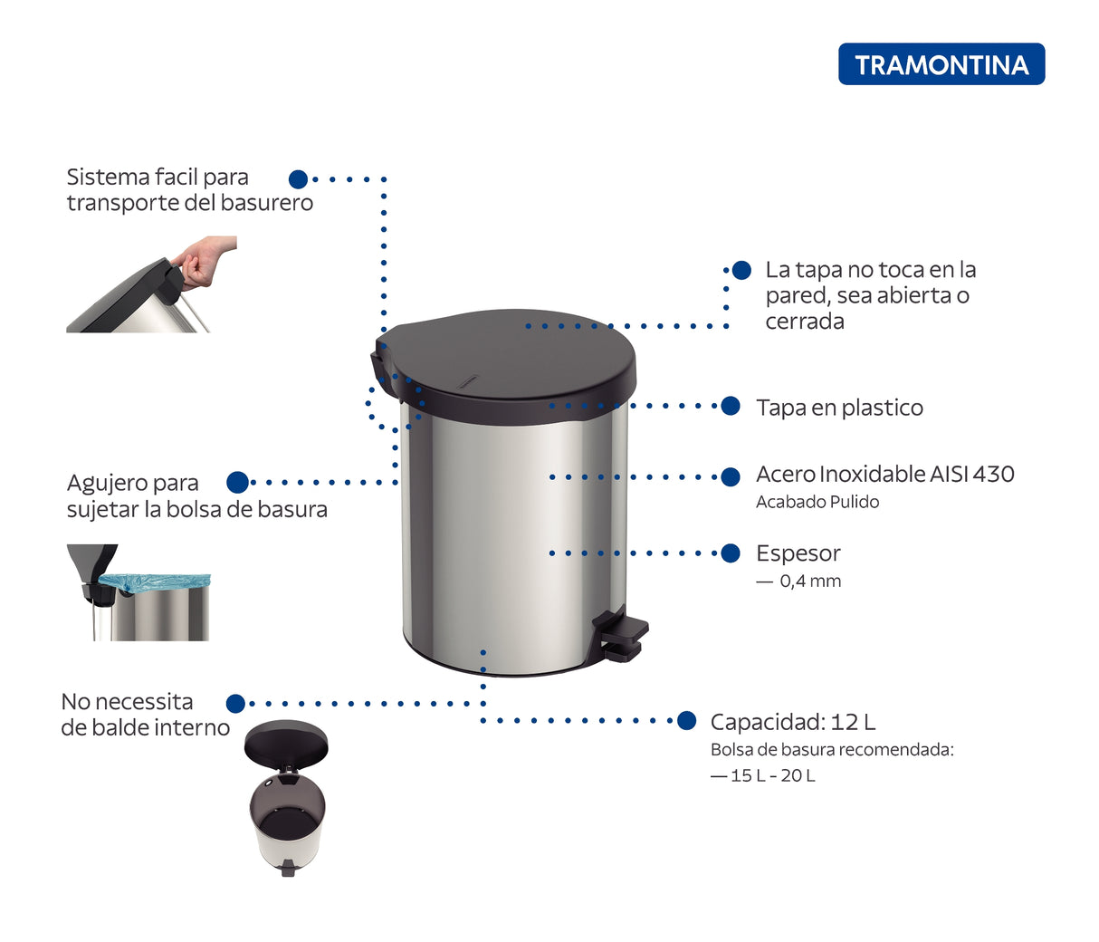 New stainless steel pedal trash can with polished finish, 12 L