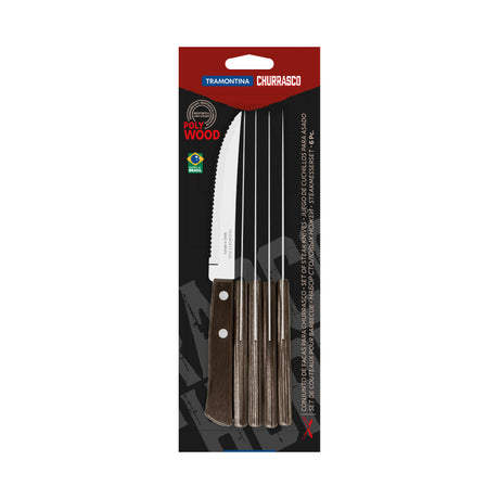 6-Piece Set of Steak Knives with Stainless-Steel Blades and Brown Polywood Handles