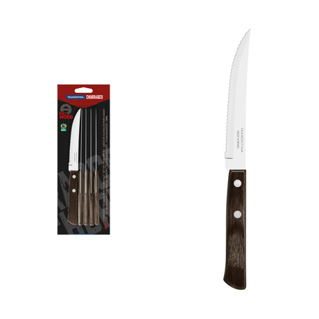 6-Piece Set of Steak Knives with Stainless-Steel Blades and Brown Polywood Handles