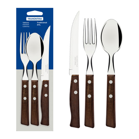 Tradicional 3-Piece Flatware Set with Natural Wood Handles