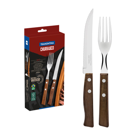 12-Piece Barbecue Flatware with Stainless-Steel with Natural Wooden Handles
