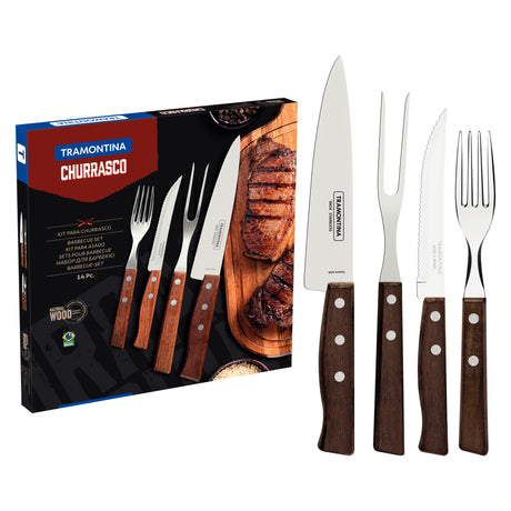 14-Piece Barbecue Flatware with Stainless-Steel with Natural Wooden Handles