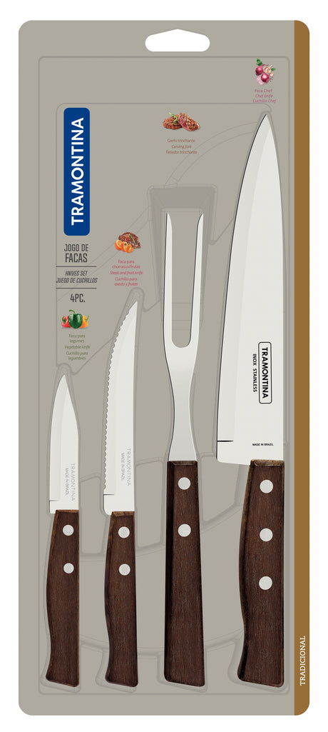 Tradicional 4-Piece Set of Knives with Stainless-Steel Blades and Natural Wood Handles