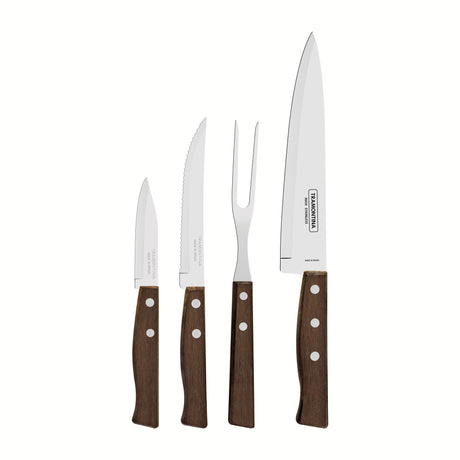 Tradicional 4-Piece Set of Knives with Stainless-Steel Blades and Natural Wood Handles