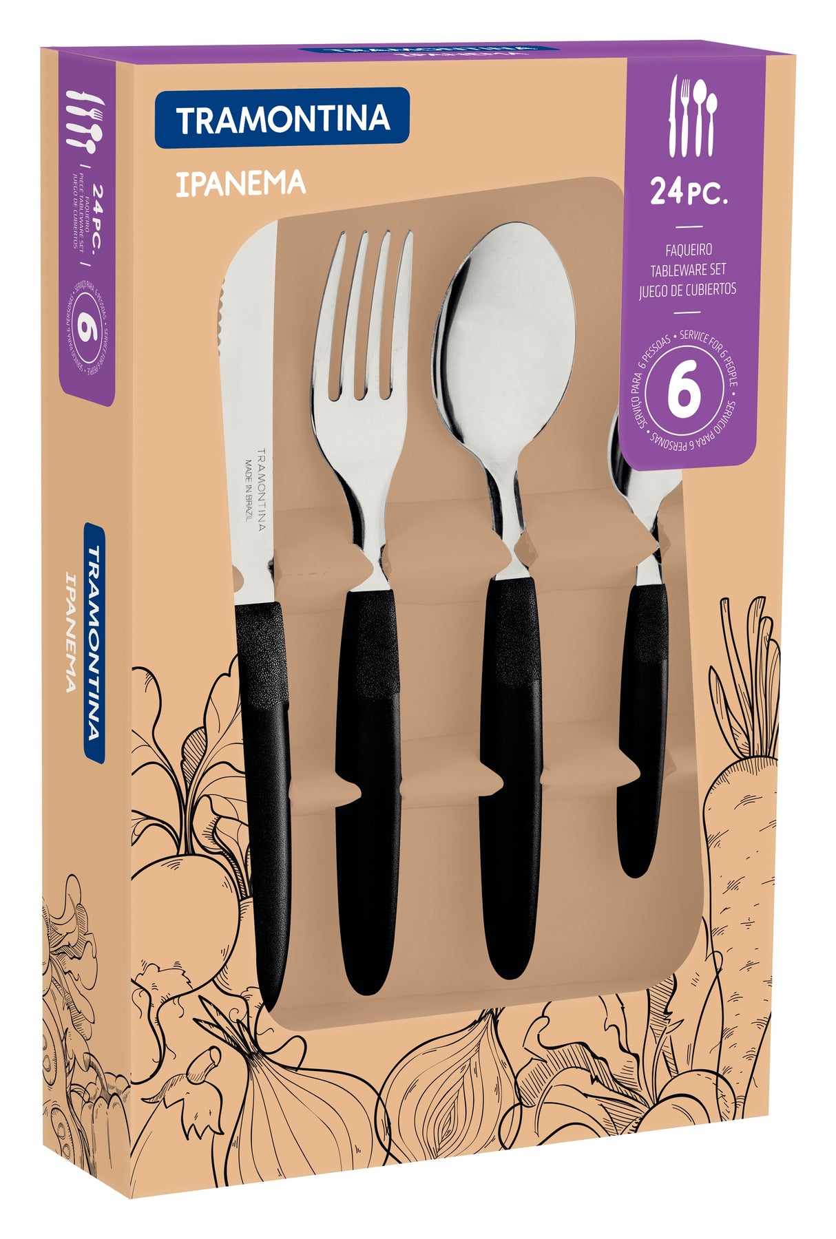 Ipanema stainless steel flatware set with black polypropylene handles, 24 pcs