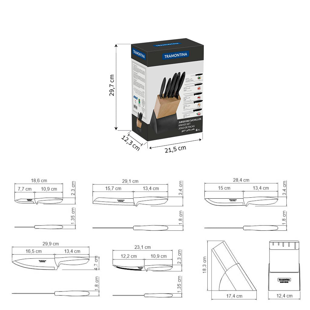 Tramontina Plenus 6-Piece Knife Set with Stainless-Steel Blades and Black Polypropylene Handles