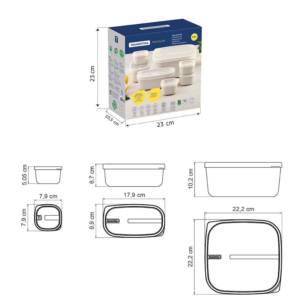 Tramontina MixColor 7-Piece Set of Cotton Polypropylene Containers with Transparent Lids