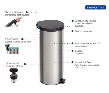 New stainless steel pedal trash can with polished finish, 30 L